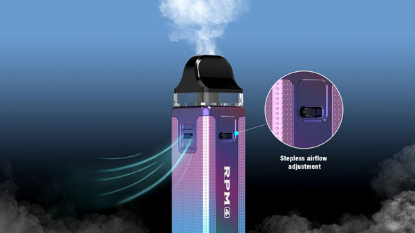 SMOK RPM 4 60W Pod Kit with sleek black hardware and adjustable airflow, designed for vaping enthusiasts.