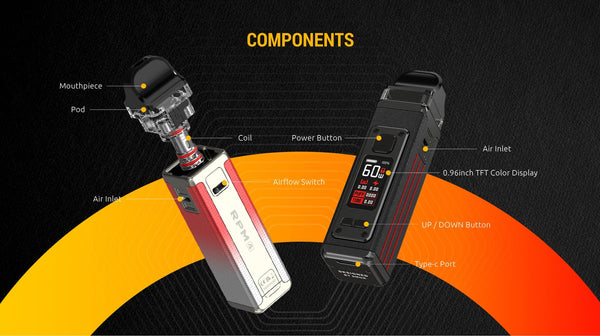SMOK RPM 4 60W Pod Kit shown with sleek black design, compact hardware for vaping with adjustable wattage and replaceable pods.