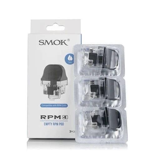 SMOK RPM 4 replacement pods for vaping device, shown with transparent design and mouthpiece attachment.