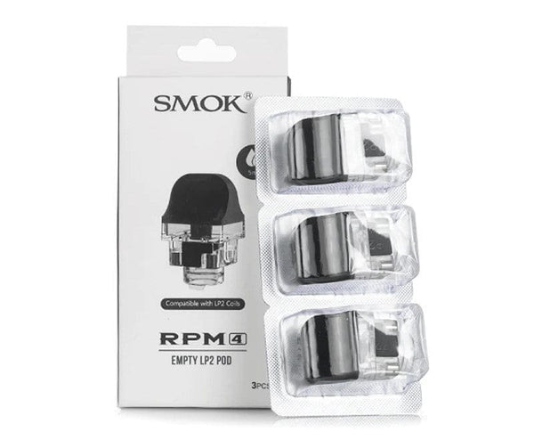 SMOK RPM 4 replacement pods for vape hardware, showing clear plastic pods with mouthpiece and filling ports.