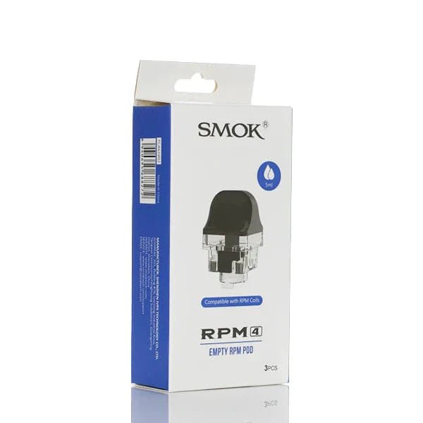 SMOK RPM 4 Replacement Pods for vaping device, showing transparent plastic with mouthpiece and filling port.
