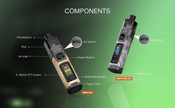 SMOK RPM 5 80W Pod System hardware with sleek design, featuring adjustable wattage and replaceable pod for vaping.