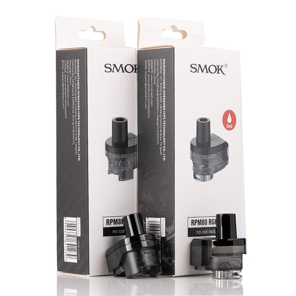SMOK RPM 80 replacement vape pods shown, compatible with SMOK devices, featuring a sleek design for easy refilling and use