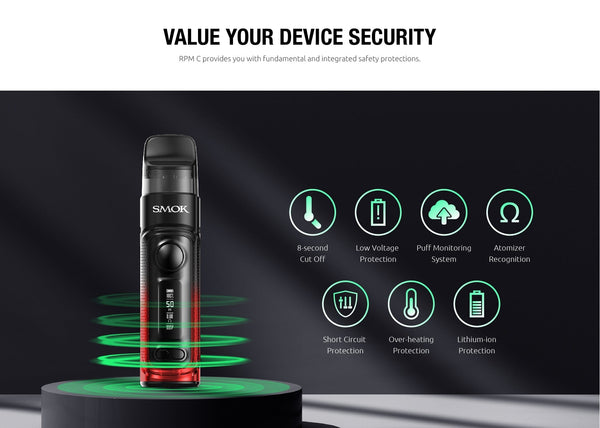 SMOK RPM C 50W Pod Kit hardware with sleek design, featuring adjustable wattage and replaceable pod system.