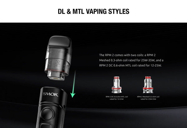 SMOK RPM C 50W Pod Kit showing a sleek black device with a removable pod and adjustable airflow system.