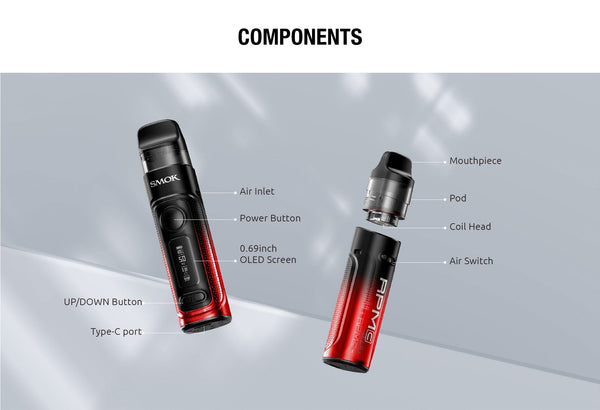 SMOK RPM C 50W Pod Kit hardware with sleek design, showing the compact device with pod attachment and adjustable wattage display.