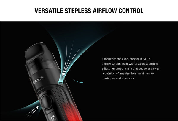 SMOK RPM C 50W Pod Kit showing a compact black vape device with a removable pod and adjustable wattage display.