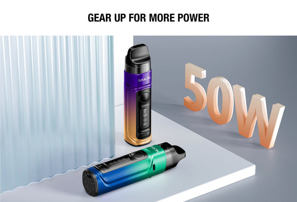 SMOK RPM C 50W Pod Kit showing a compact hardware device with a sleek design and mouthpiece for vaping.