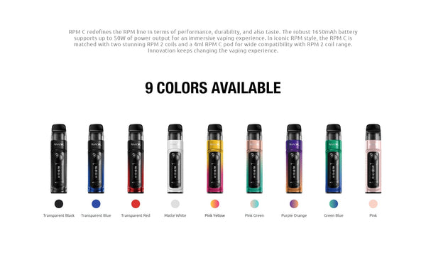SMOK RPM C 50W Pod Kit hardware with sleek design, adjustable wattage, and replaceable pod for vaping convenience.