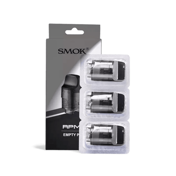 SMOK RPM C replacement pods for vaping device, showing clear plastic containers with black mouthpieces and visible filling ports.