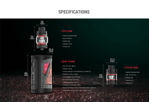 SMOK SCAR-18 230W starter kit with mod and tank, black and gray hardware, featuring ergonomic design and adjustable airflow.