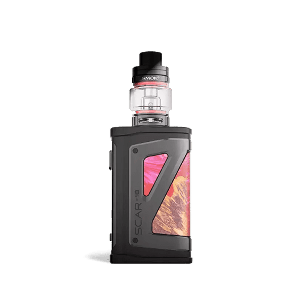 SMOK SCAR-18 230W starter kit with rugged hardware, featuring a compact mod and matching tank for vaping enthusiasts.