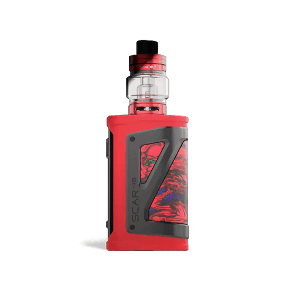 SMOK SCAR-18 230W starter kit with mod and tank, black hardware, featuring textured grip and adjustable airflow