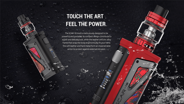 SMOK SCAR-18 230W starter kit with mod and tank, featuring ergonomic design and adjustable airflow, designed for vaping enthusiasts.
