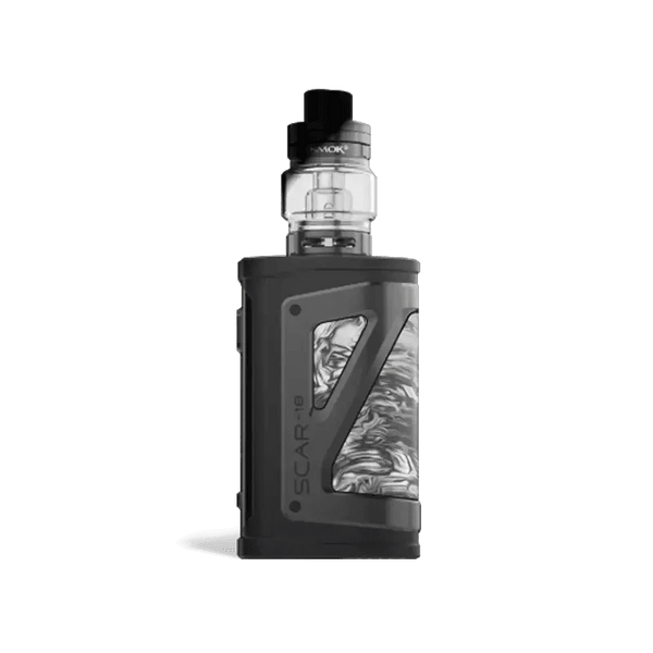 SMOK SCAR-18 230W Starter Kit with mod and tank, black and gray hardware, displaying the sleek design and textured grip.