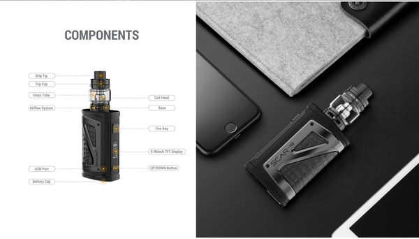 SMOK SCAR-18 230W starter kit with modular hardware, featuring a rugged design, display screen, and adjustable components.