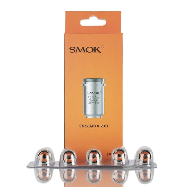 SMOK Stick AIO replacement coils for vape devices, showing a pack of compatible vape coils with coil wicks and metal components.
