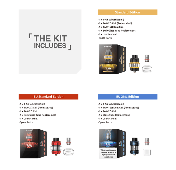 SMOK T-Air Sub-Ohm Tank vape part with glass chamber and metal top, designed for sub-ohm vaping.
