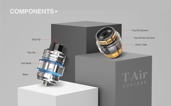 SMOK T-Air Sub-Ohm Tank vape part with glass chamber and metal top, designed for sub-ohm vaping and flavor enhancement.