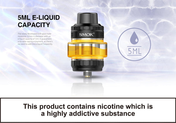 SMOK T-Air Sub-Ohm Tank for vaping, featuring a sleek design with glass and metal components, designed for sub-ohm vaping performance.