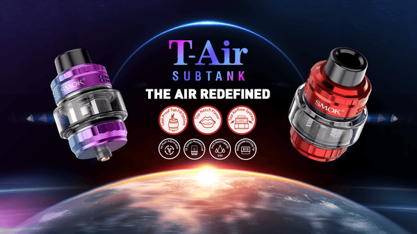 SMOK T-Air Sub-Ohm Tank vape part with glass chamber, metal top and base, featuring adjustable airflow slots.