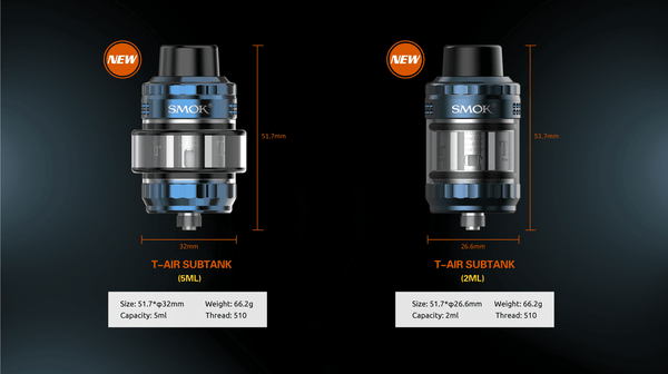 SMOK T-Air Sub-Ohm Tank vape part with glass chamber, metal accents, and adjustable airflow for enhanced vaping experience.