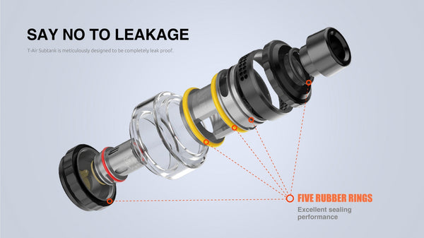 SMOK T-Air Sub-Ohm Tank for vaping, featuring a sleek design with adjustable airflow and glass chamber for e-liquid visibility.