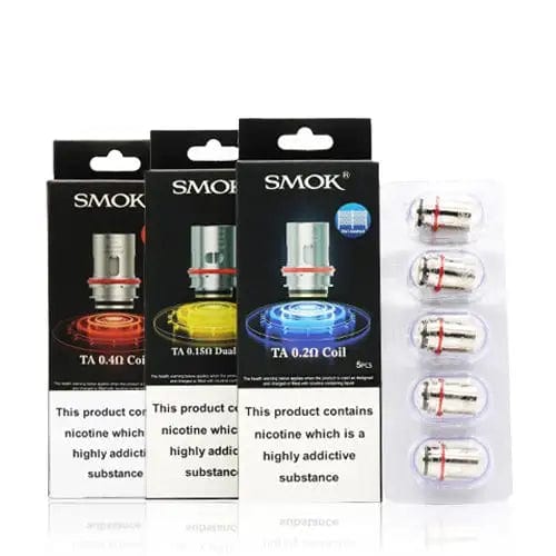 SMOK TA replacement vape coils shown in a clear image, designed for use with SMOK vape devices and compatible with various tanks.