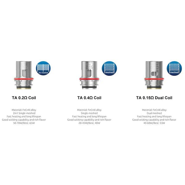 SMOK TA Replacement Coils for vape devices, showing a pack of replacement coils with metal and cotton components.