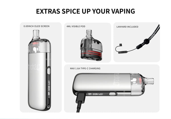 SMOK TECH247 30W Pod Kit hardware with sleek design, compact size, and adjustable airflow for vaping convenience.