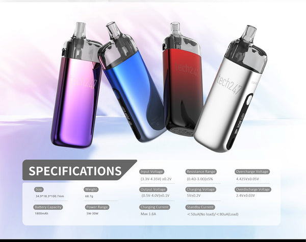 SMOK TECH247 30W Pod Kit hardware with sleek black design, compact size, and replaceable pod system for vaping.
