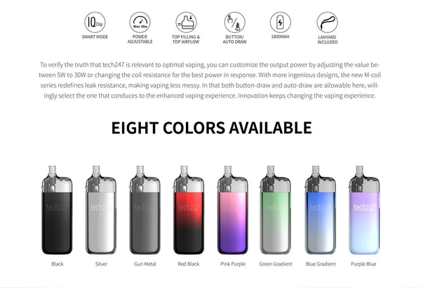 SMOK TECH247 30W Pod Kit hardware with sleek design, compact size, and adjustable wattage for vaping convenience.