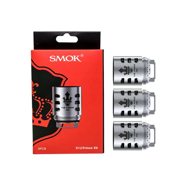 SMOK TFV12 Prince replacement vape coils showing multiple coil heads with branding and wicking material.