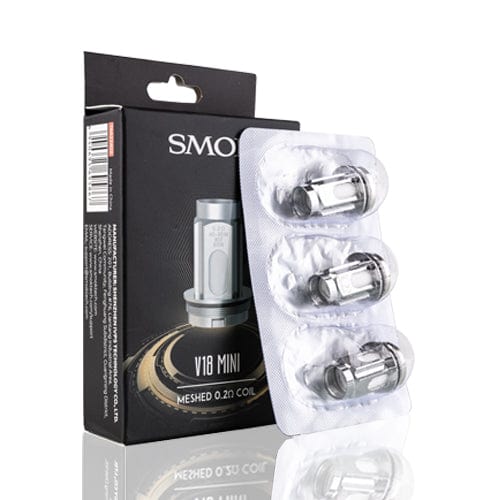 SMOK TFV18 Mini replacement coils for vape tank, showing multiple coil heads with metal and cotton components.