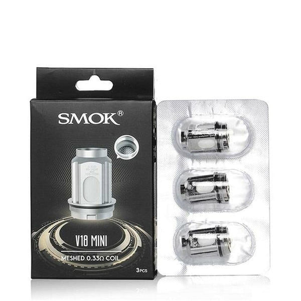 SMOK TFV18 Mini replacement coils for vape tank, showing coil heads with wicking material and metal construction.