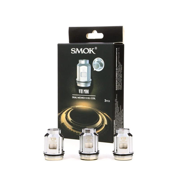 SMOK TFV18 Mini replacement coils for vape, showing multiple coil heads with metal and wick components.