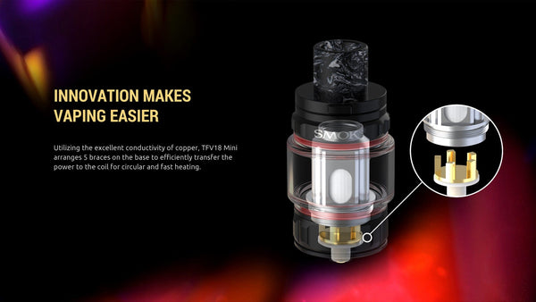 SMOK TFV18 Mini Sub-Ohm Tank vape part with glass chamber, metal body, and adjustable airflow for cloud chasing and flavor.