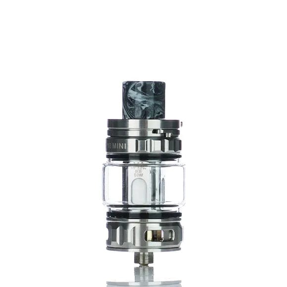 SMOK TFV18 Mini Sub-Ohm Tank vape part with glass chamber and adjustable airflow on metallic base.