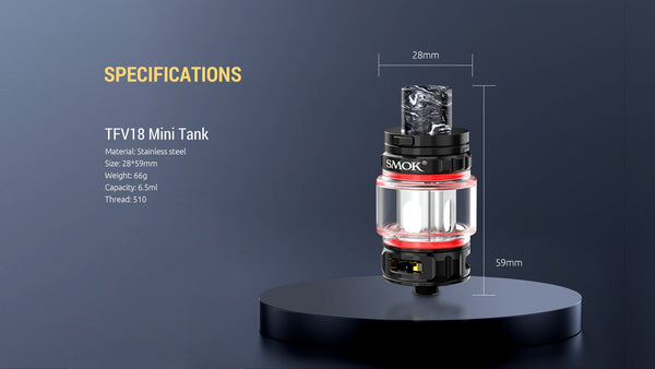 SMOK TFV18 Mini Sub-Ohm Tank for vaping, featuring glass chamber and stainless steel construction.