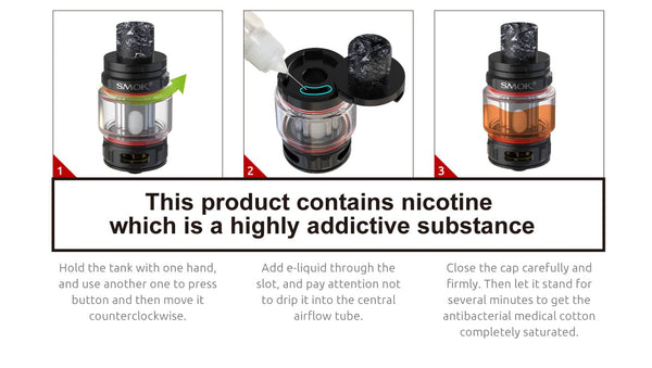 SMOK TFV18 Mini Sub-Ohm Tank vape part with glass and metal construction, featuring adjustable airflow and drip tip.