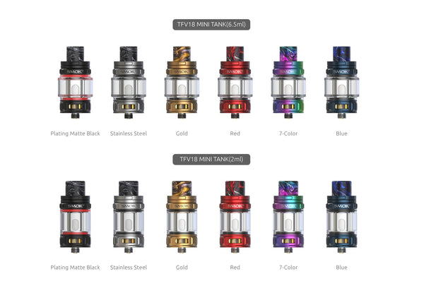 SMOK TFV18 Mini Sub-Ohm Tank vape part with glass and metal construction, featuring adjustable airflow and coil section.