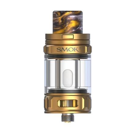 SMOK TFV18 Mini Sub-Ohm Vape Tank showing glass chamber, airflow slots, and drip tip for sub-ohm vaping.