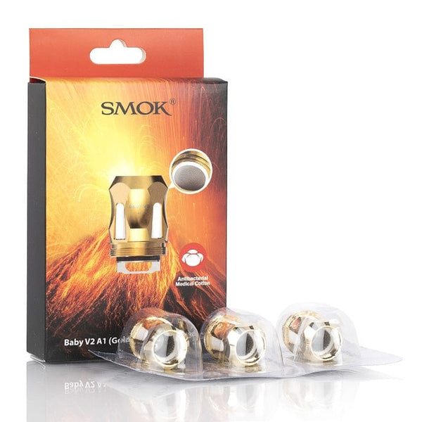 SMOK TFV8 Baby V2 replacement coils for vape, showing multiple coil heads with wicking material and metal casing.