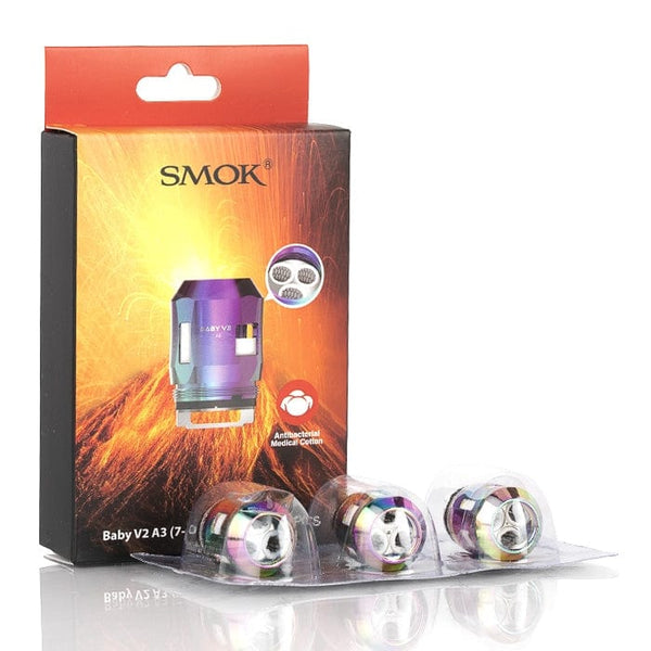 SMOK TFV8 Baby V2 replacement coils for vape tank, showing multiple coils with cotton wicks and metal casing.