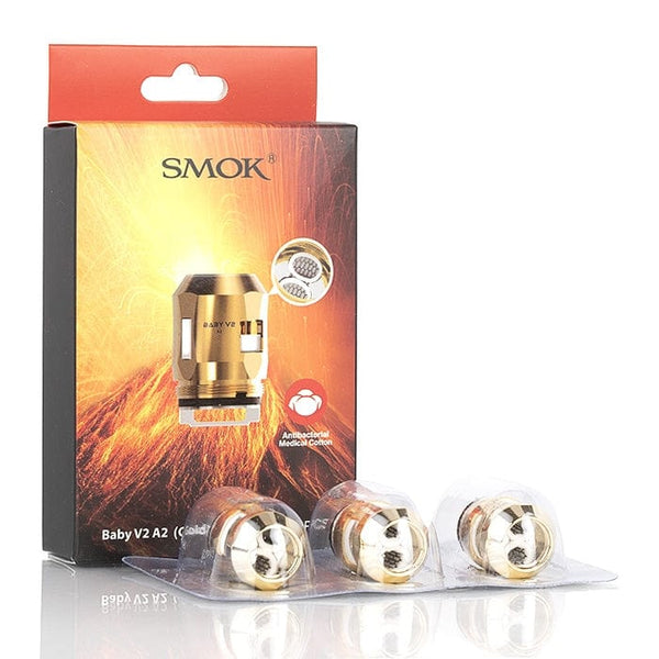 SMOK TFV8 Baby V2 replacement coils for vape tanks, showing a pack of three coil heads with wicking material and metal components.