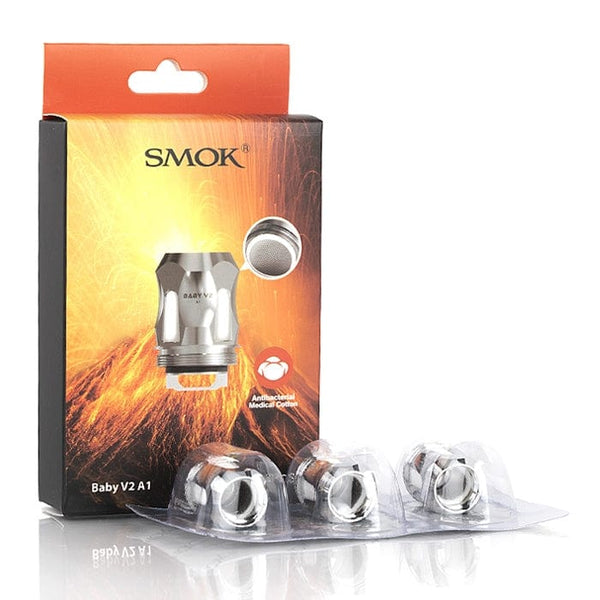 SMOK TFV8 Baby V2 replacement vape coils showing the coil design and packaging for the SMOK vape tank.