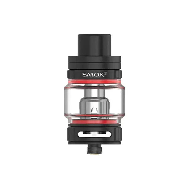 SMOK TFV9 Sub-Ohm Tank vape part showing glass chamber and metal top with adjustable airflow slots.
