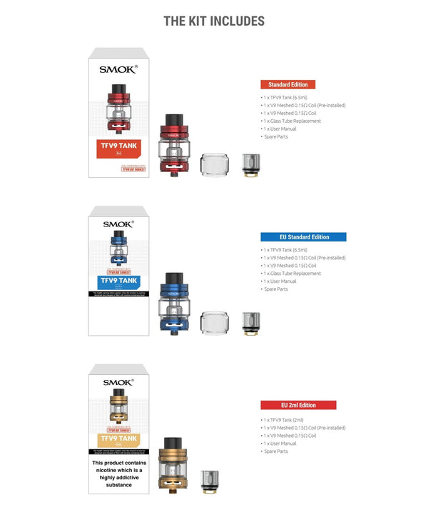 SMOK TFV9 Sub-Ohm Tank vape part with glass and metal components, featuring adjustable airflow and drip tip.