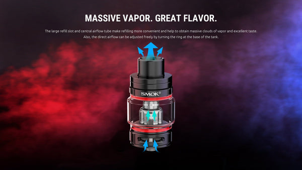 SMOK TFV9 Sub-Ohm Tank vape part with glass chamber, black metal accents, and adjustable airflow for enhanced vaping.
