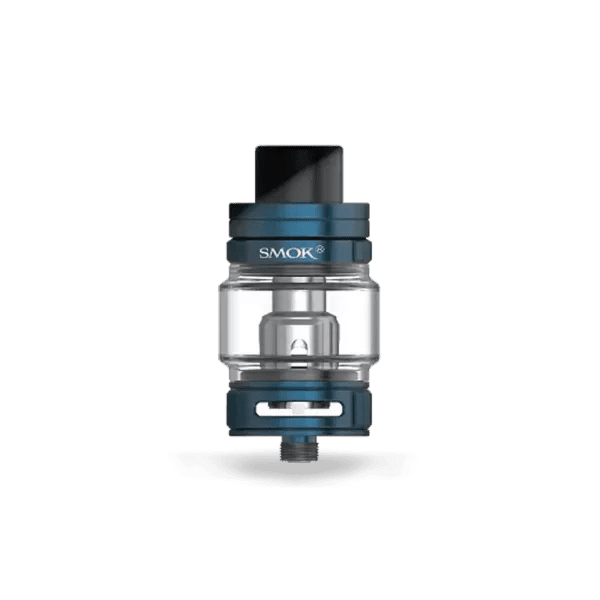 SMOK TFV9 Sub-Ohm Tank vape part with glass chamber, adjustable airflow, and metallic finish for sub-ohm vaping.